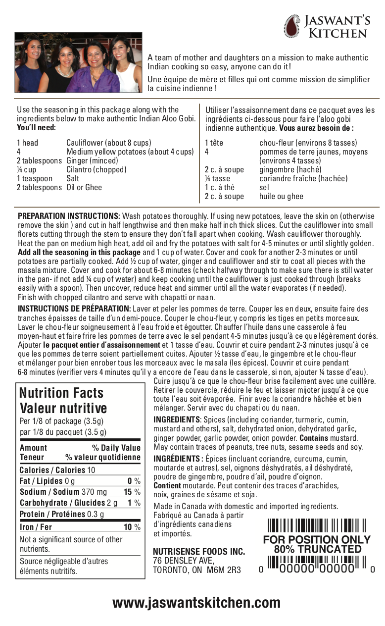 Jaswant's Kitchen Aloo Gobi Seasoning Pouch Nutritional Info