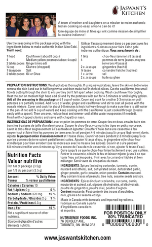 Jaswant's Kitchen Aloo Gobi Seasoning Pouch Nutritional Info