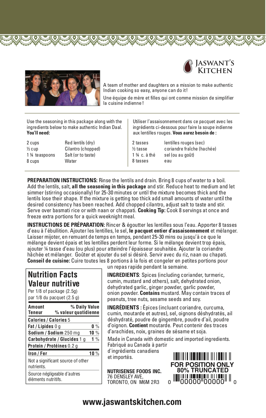 Jaswant's Kitchen Daal Seasoning Pouch Nutritional Info