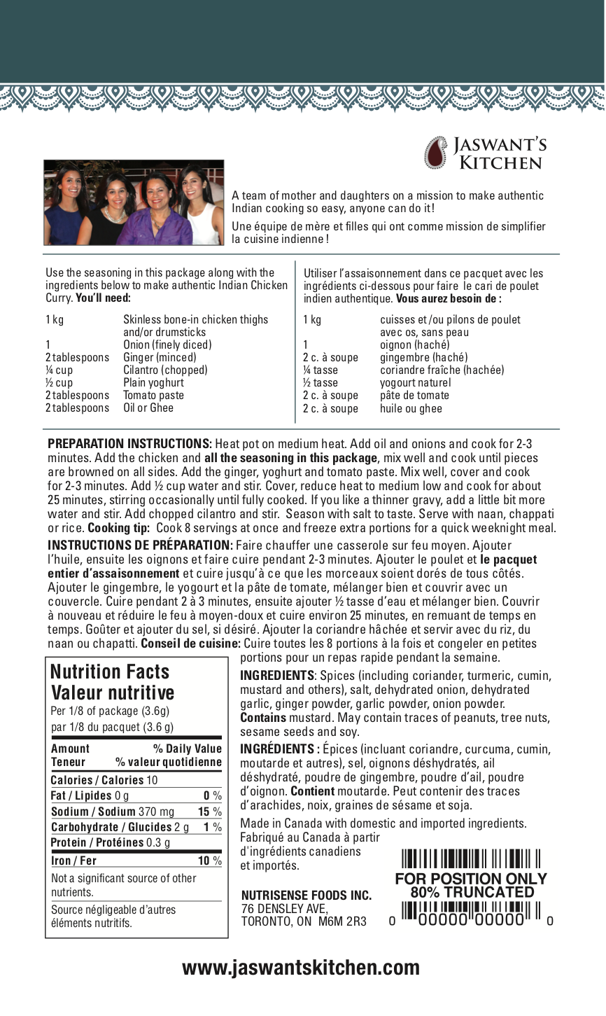 Jaswant's Kitchen Chicken Curry Seasoning Pouch Nutritional Info