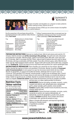 Jaswant's Kitchen Chicken Curry Seasoning Pouch Nutritional Info