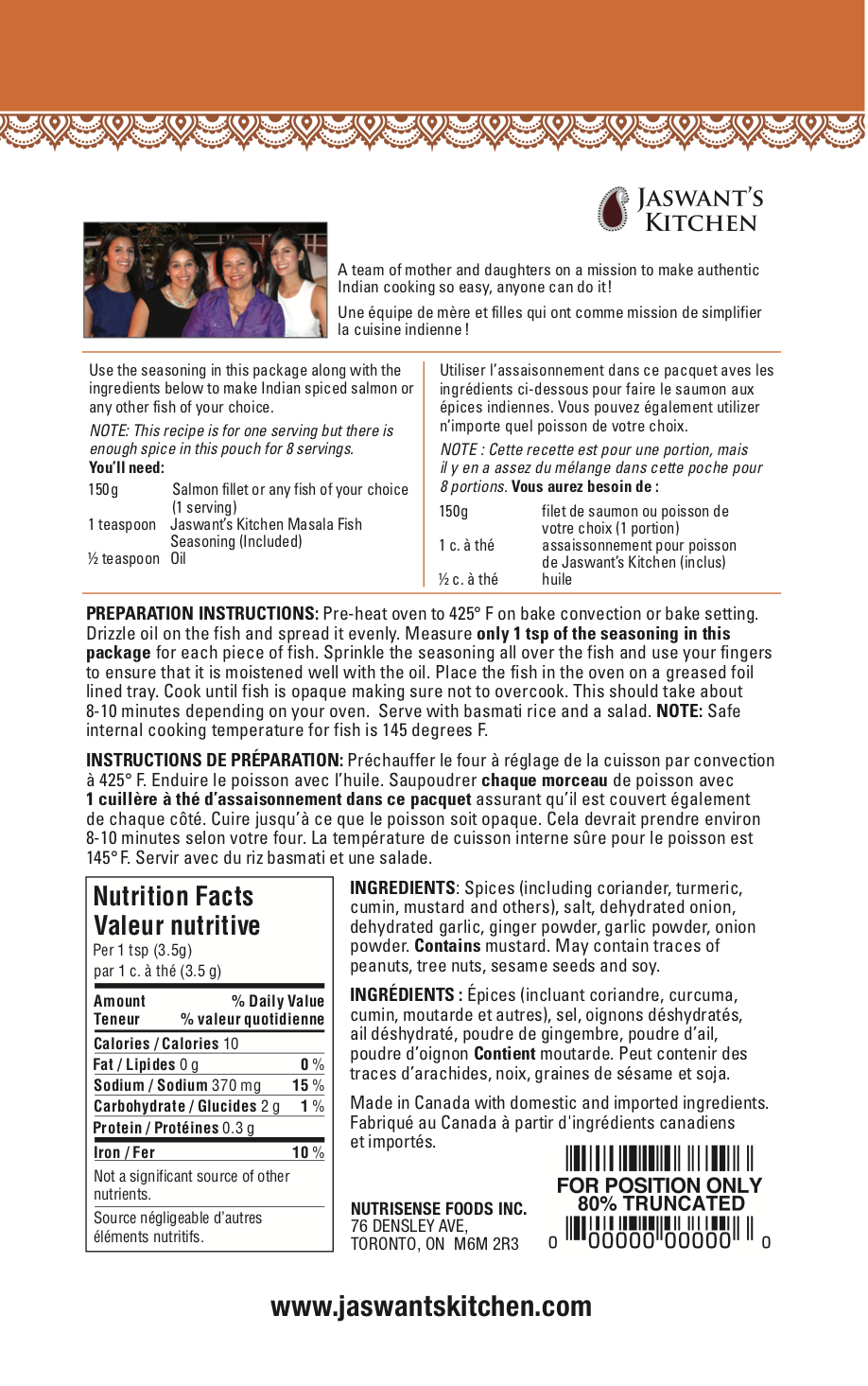 Jaswant's Kitchen Masala Fish Seasoning Pouch Nutritional Info